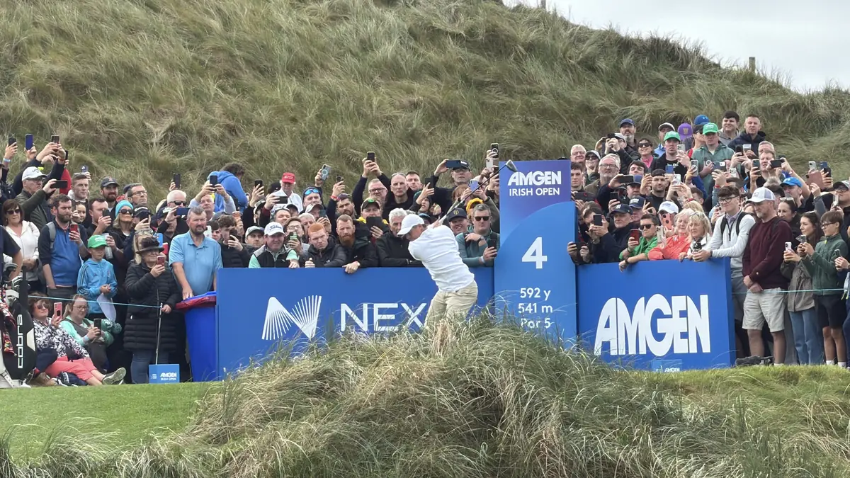 Rory McIlroy teeing off on the fourth in front of a packed gallery at the Amgen Irish Open, Doonbeg