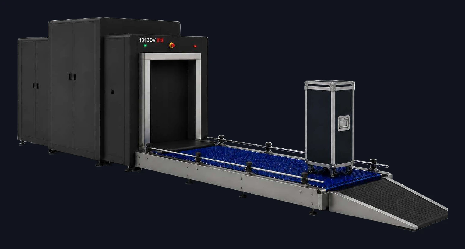 Hissco HS 1313 DV IFS in-flight services trolley X-ray with an airline catering cart on the loading conveyor